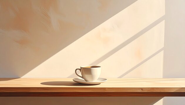 A simple, elegant coffee cup and saucer sit on a wood shelf with angled sunlight