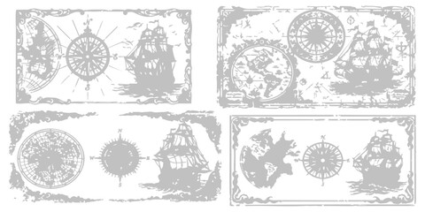 Set of vintage nautical map designs with antique sailing ships and compass rose illustrations © GraphixEra