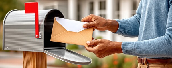 Person putting an envelope into a residential mailbox showing mail delivery and everyday communication