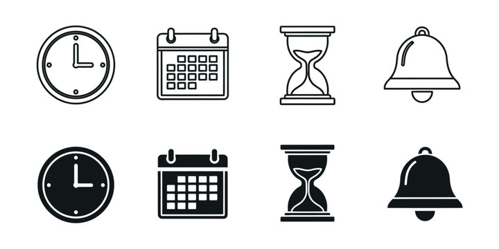 Time and schedule icons featuring clocks calendars hourglasses and bells