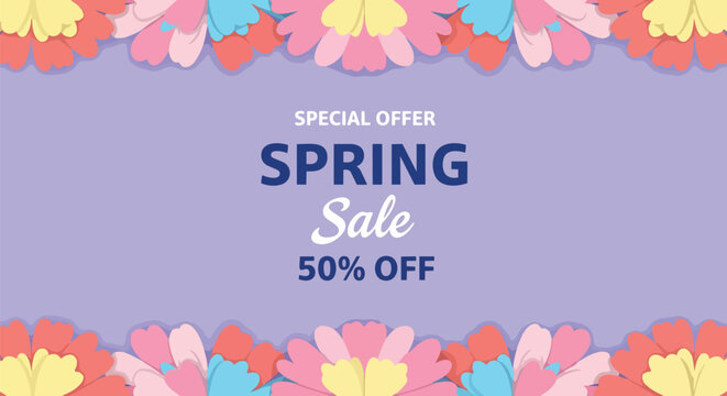 Colorful cartoon flowers bordering a lavender background displaying 'Spring Sale 50% Off,' suitable for seasonal promotions, online advertising, and retail flyers.