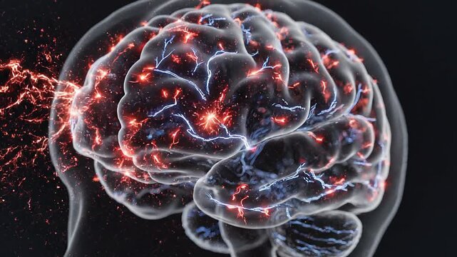 Vivid illustration of a human brain with electrical impulses firing, representing neural activity and cognitive function