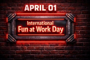 Obraz premium A neon sign on a brick wall advertising International Fun at Work Day