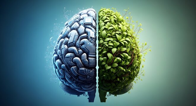 Split brain with metal and green leafy halves