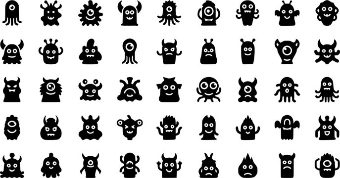 Collection of minimalist black silhouette icons featuring cute monsters, aliens, and fantasy creatures, creative character design vector set isolated on white.