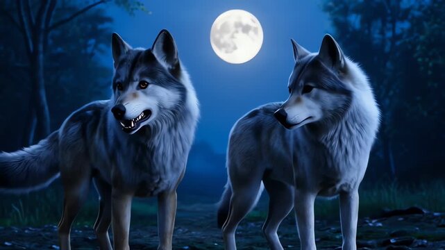 Two Wolves in the Forest at Night with Full Moon