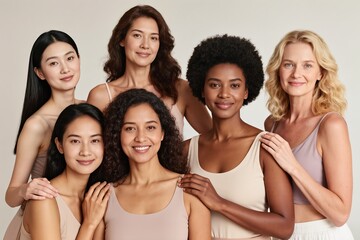 Obraz premium A vibrant, diverse group of women proudly showcasing their natural beauty and confidence while standing together