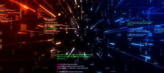 Abstract visualization artificial intelligence data flow with glowing code binary streams neon light trails forming a futuristic cyber tunnel representing machine learning big data digital technology.