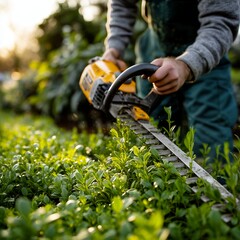 Obraz premium Landscaper trimming ornamental hedge with electric hedge trimmer