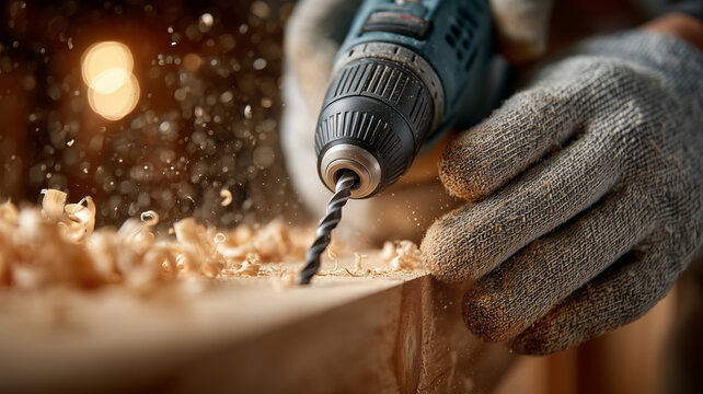 Crafting wood with precision as focused hands drill into a smooth surface