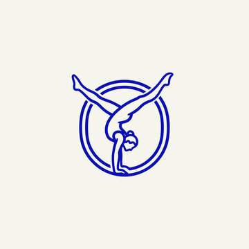 Minimalist gymnastics logo vector, blue line art gymnast performing handstand in circle, athletic female figure doing acrobatic split