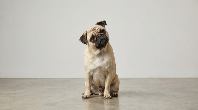 Pug dog sitting with an adorable head tilt looking directly at the camera in a clean studio setting