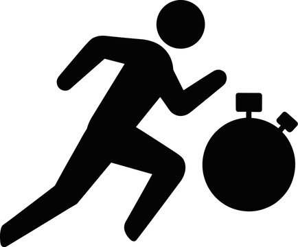 Running man silhouette with stopwatch icon, black stick figure sprinting for fitness and speed, athletic runner timing performance vector