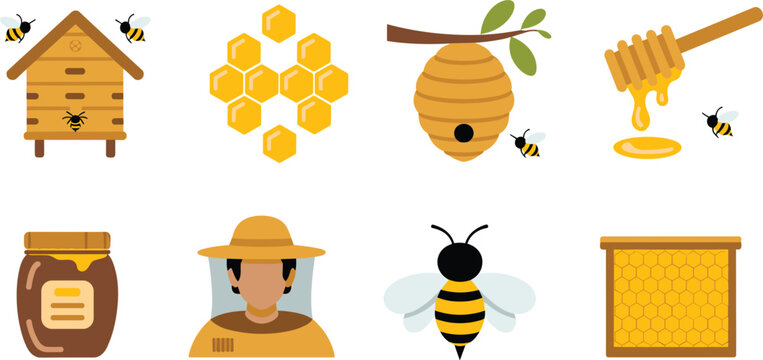 Beekeeping honey vector set with bees hive jar and beekeeper icons, natural organic production illustration collection