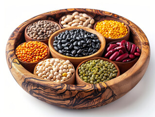 Obraz premium Beans of different varieties, colors, shapes and sizes are carefully arranged on round wooden platter. Aesthetic composition. Rustic harvest.