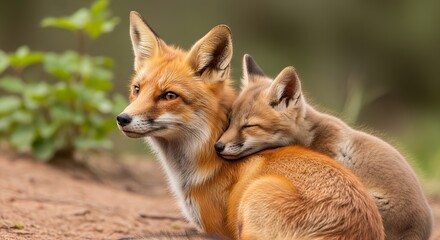 Fototapeta premium Adorable red fox mother and cub, a tender wildlife moment, vixen and kit in natural habitat, heartwarming animal family portrait, symbol of maternal love and wild nature.