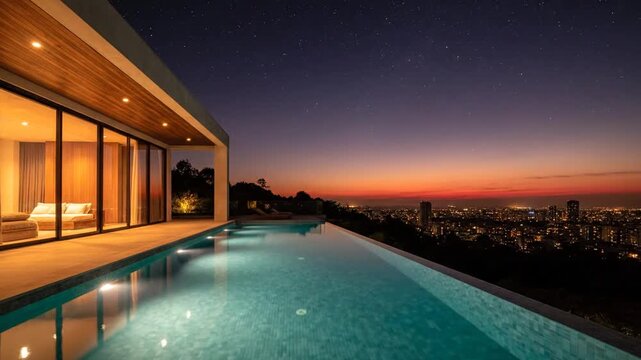 Sunset infinity pool beside a modern villa, glass walls, warm lights, overlooking city skyline. dusk