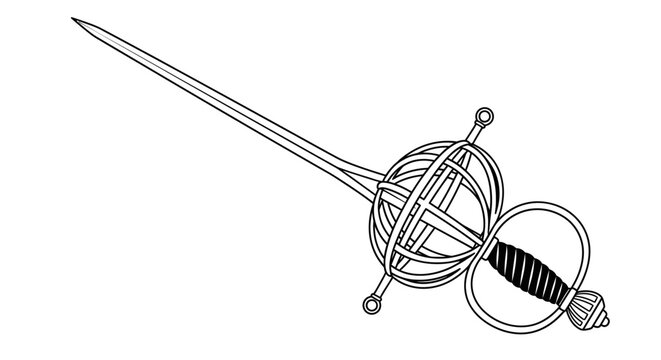 Detailed outline illustration of a classic rapier sword, representing historical weaponry and elegant combat, on an isolated white background.