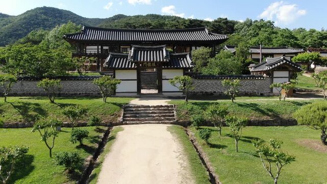 Aerial flyover of Byeongsan Seowon Confucian Academy, UNESCO World Heritage site, Andong, South Korea