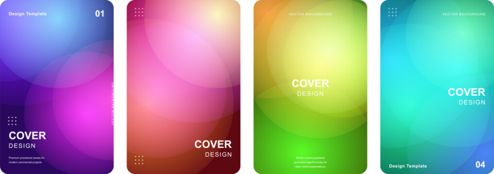 Abstract gradient cover design set with 4 colorful vector templates, vibrant blurred circle backgrounds for brochure and flyer layouts, modern soft mesh texture for digital posters