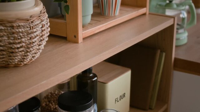 No people tilt up shot of wooden shelves in kitchen with jars filled with bulk food, patterned mugs, plates and potted house plant in clean organized home interior