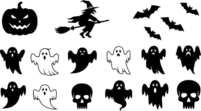 Large collection of minimalist black and orange Halloween silhouette icons, spooky decorative elements including pumpkin, ghost, and witch vector isolated on white.