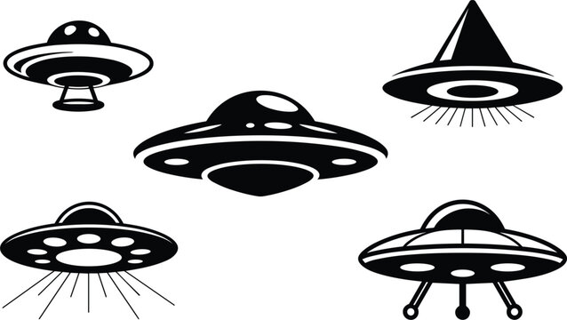 UFO spaceship vector set with flying saucer silhouettes, alien spacecraft icons for sci fi design collection