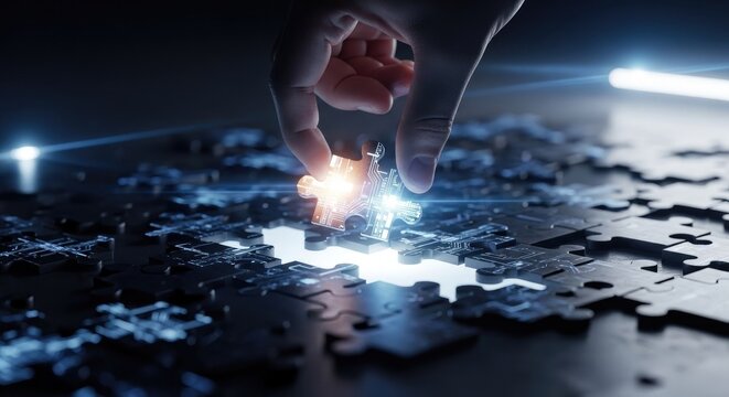 Hand placing illuminated puzzle piece symbolizing teamwork and problem solving
