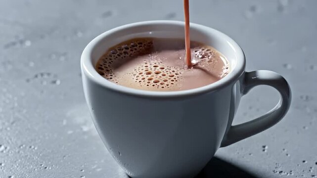 Pouring Chocolate Milk Into a White Cup Creating Bubbles on a Textured Surface
