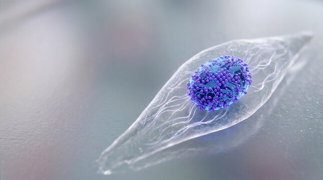 Conceptual biotechnology macro of human dermal fibroblast cell with nucleus replaced by glowing quantum dot micro-circuit network.