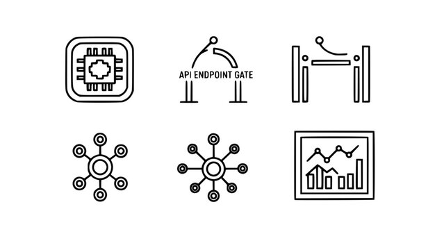 A set of six black and white line art icons depicting various technology and data concepts