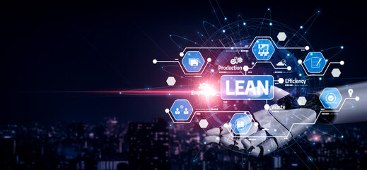 Obraz premium A conceptual image showcasing a hand presenting lean management ideas with digital icons, symbolizing efficiency and waste reduction in modern business practices. Tessel