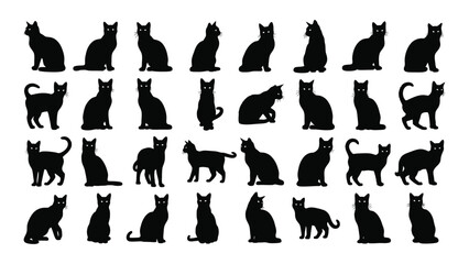 Collection of 30 unique black cat silhouettes in various poses © JASMIN