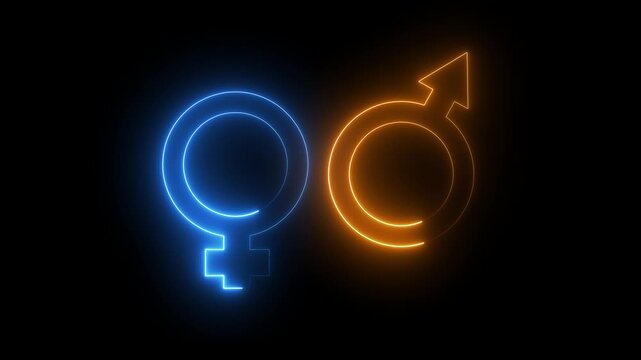 Gender concept. Glowing neon line animated male and female sex sign isolated on black background. Looped animation 4k video