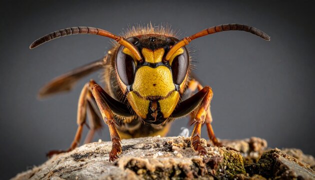 Detailed close-up of a European hornet on a rock.