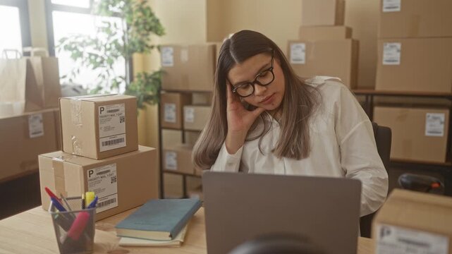 Young woman at laptop with hand on temple among stacked shipping boxes in building; tiredness entrepreneurship.