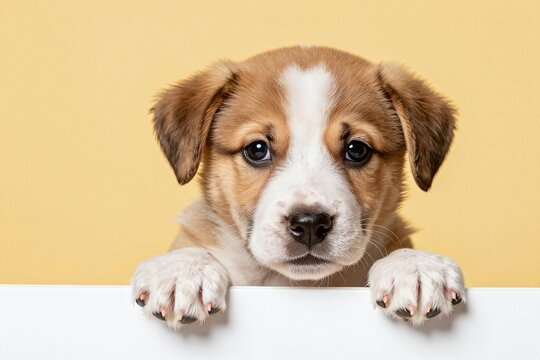 A beagle puppy peeking over a yellow wall