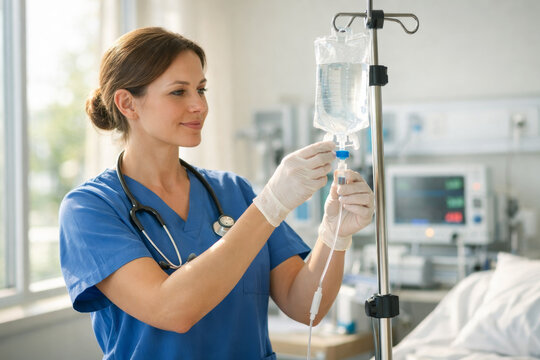 Nurse adjusting iv drip in a hospital setting with care