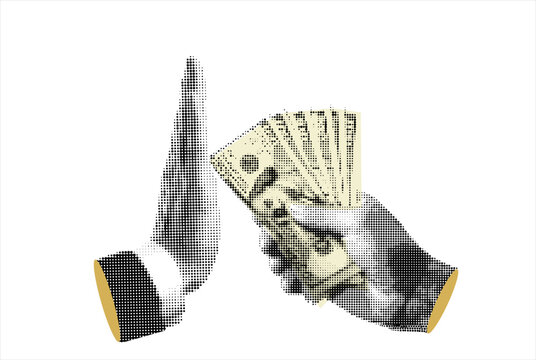 Trendy halftone collage of business concept. Stop Corruption, refusing to take bribery money concept, honest businessman hand refuse to take illegal money banknotes. Trendy modern retro illustration.