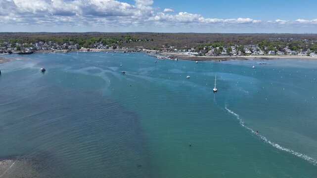 Scituate Harbor aerial view including Bulman Marine and Harbor Marina in town of Scituate, Massachusetts MA, USA. 