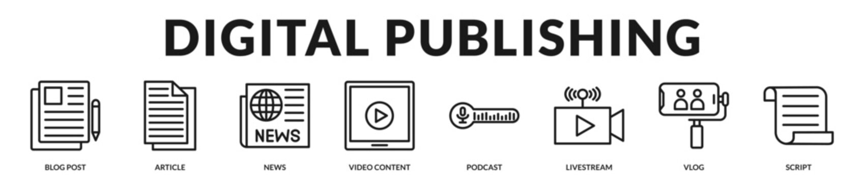 Professional banner showcasing modern digital publishing formats including blogging, video creation, podcasts, livestream broadcasting, and scripted media production in Lineal Icon Style