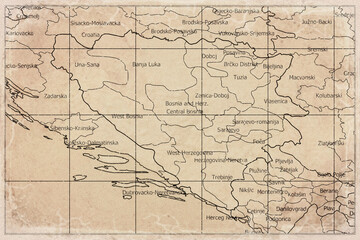 Fototapeta premium Vintage Map Of Bosnia And Herzegovina With Administrative Regions On Retro Paper Background