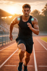 Fototapeta premium Young athletic man sprinting on a track at sunset