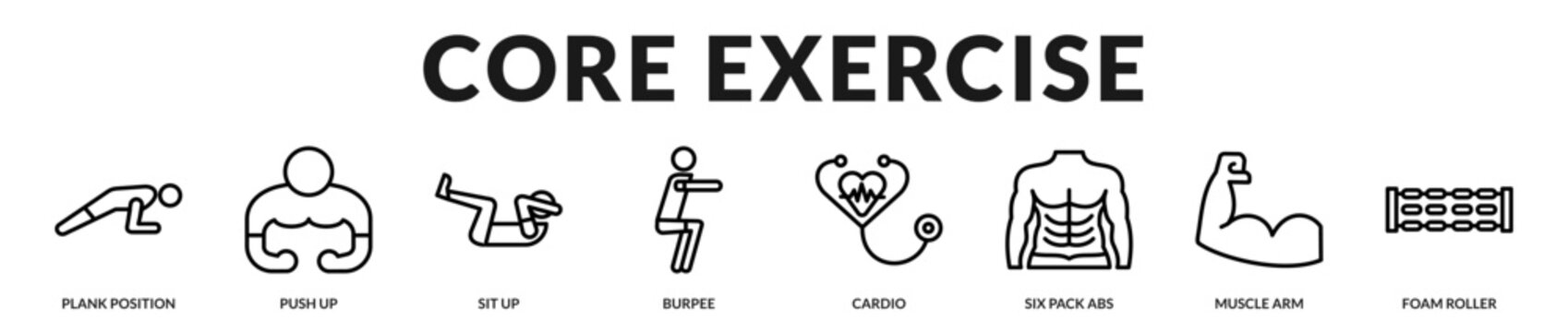 Focused banner highlighting core exercises that build stability, endurance, and overall strength performance in Lineal Icon Style