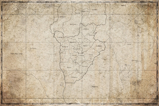 Vintage Map Of Burundi With Provincial Boundaries On Retro Paper Background