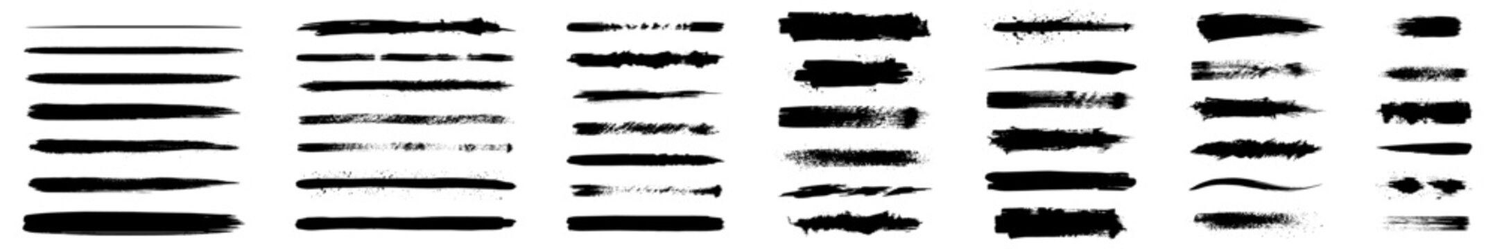 Black grunge brush strokes, ink splashes, paint marks and smears collection. Rough texture, distressed edges, hand painted artistic elements. Flat vector illustration set isolated on white background