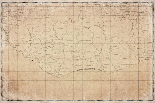 Vintage Map Of Cote d Ivoire With District Boundaries On Retro Paper Background