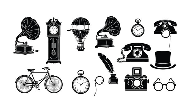 Collection of historical and retro vintage objects in silhouette illustration style, including classic gadgets, timeless accessories, and antique items for design projects