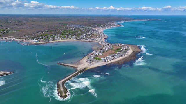 Cedar Point and Scituate Harbor aerial view including Old Scituate Lighthouse in town of Scituate, Massachusetts MA, USA. 