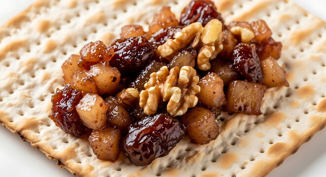Traditional Jewish charoset on matzo for Passover.